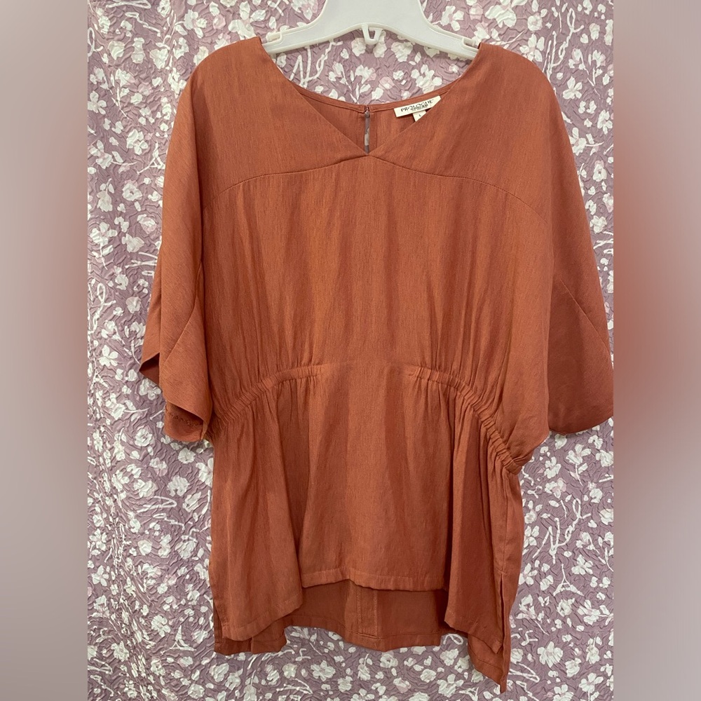(S11) Prologue Lg Peach/Coral Dolman Sleeve Elastic Waist Fitted Split Hem